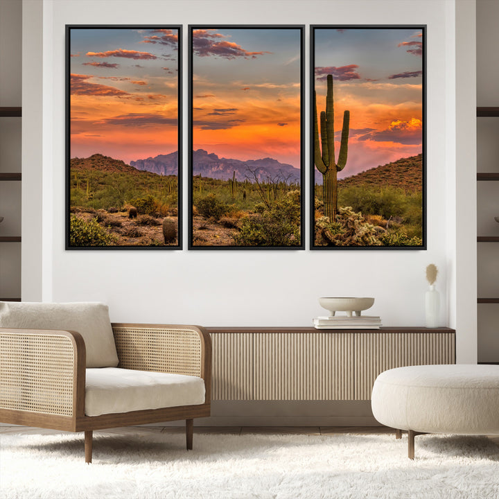 25332783-MGV-FC-48X32-3P_Black-Saguaro Cactus Wall Art Canvas Print, Arizona Sunset Print, Framed Sonoran Desert Art Print, Large Vibrant Landscape Printing