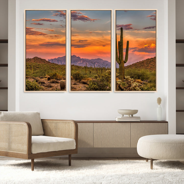 25332783-MGV-FC-48X32-3P_Natural-Saguaro Cactus Wall Art Canvas Print, Arizona Sunset Print, Framed Sonoran Desert Art Print, Large Vibrant Landscape Printing
