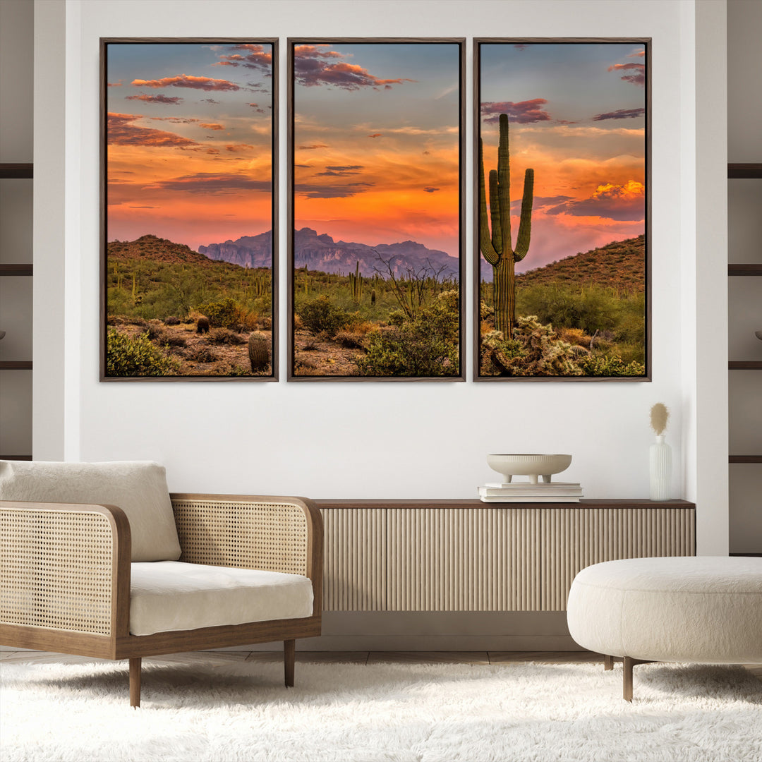 25332783-MGV-FC-48X32-3P_Walnut-Saguaro Cactus Wall Art Canvas Print, Arizona Sunset Print, Framed Sonoran Desert Art Print, Large Vibrant Landscape Printing
