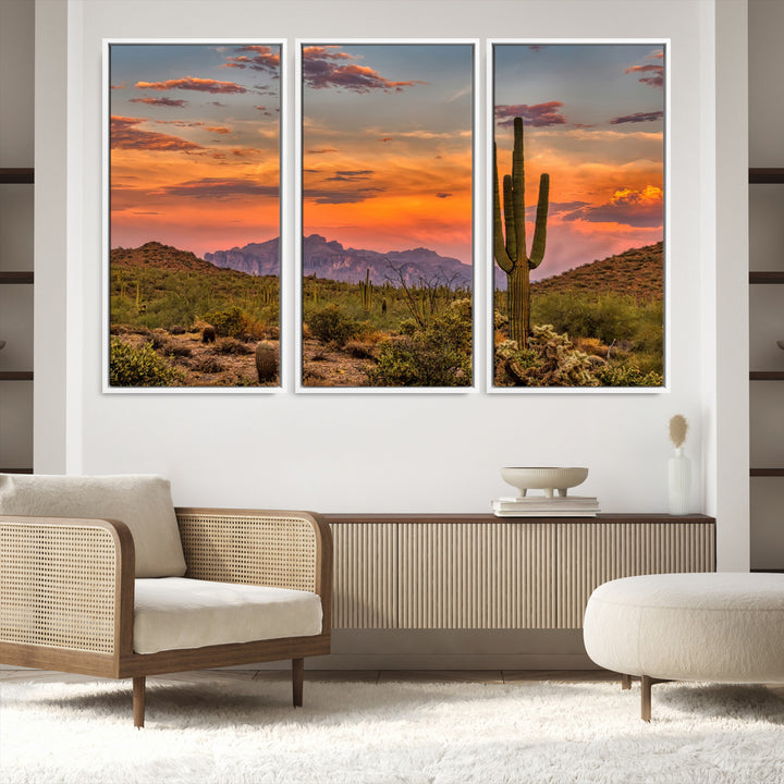 25332783-MGV-FC-48X32-3P_White-Saguaro Cactus Wall Art Canvas Print, Arizona Sunset Print, Framed Sonoran Desert Art Print, Large Vibrant Landscape Printing