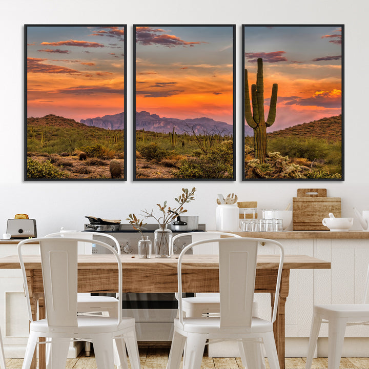 25332783-MGV-FC-60X30-3P_Black-Saguaro Cactus Wall Art Canvas Print, Arizona Sunset Print, Framed Sonoran Desert Art Print, Large Vibrant Landscape Printing