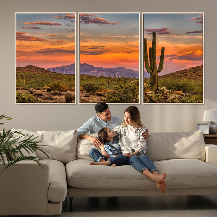 25332783-MGV-FC-60X30-3P_Natural-Saguaro Cactus Wall Art Canvas Print, Arizona Sunset Print, Framed Sonoran Desert Art Print, Large Vibrant Landscape Printing