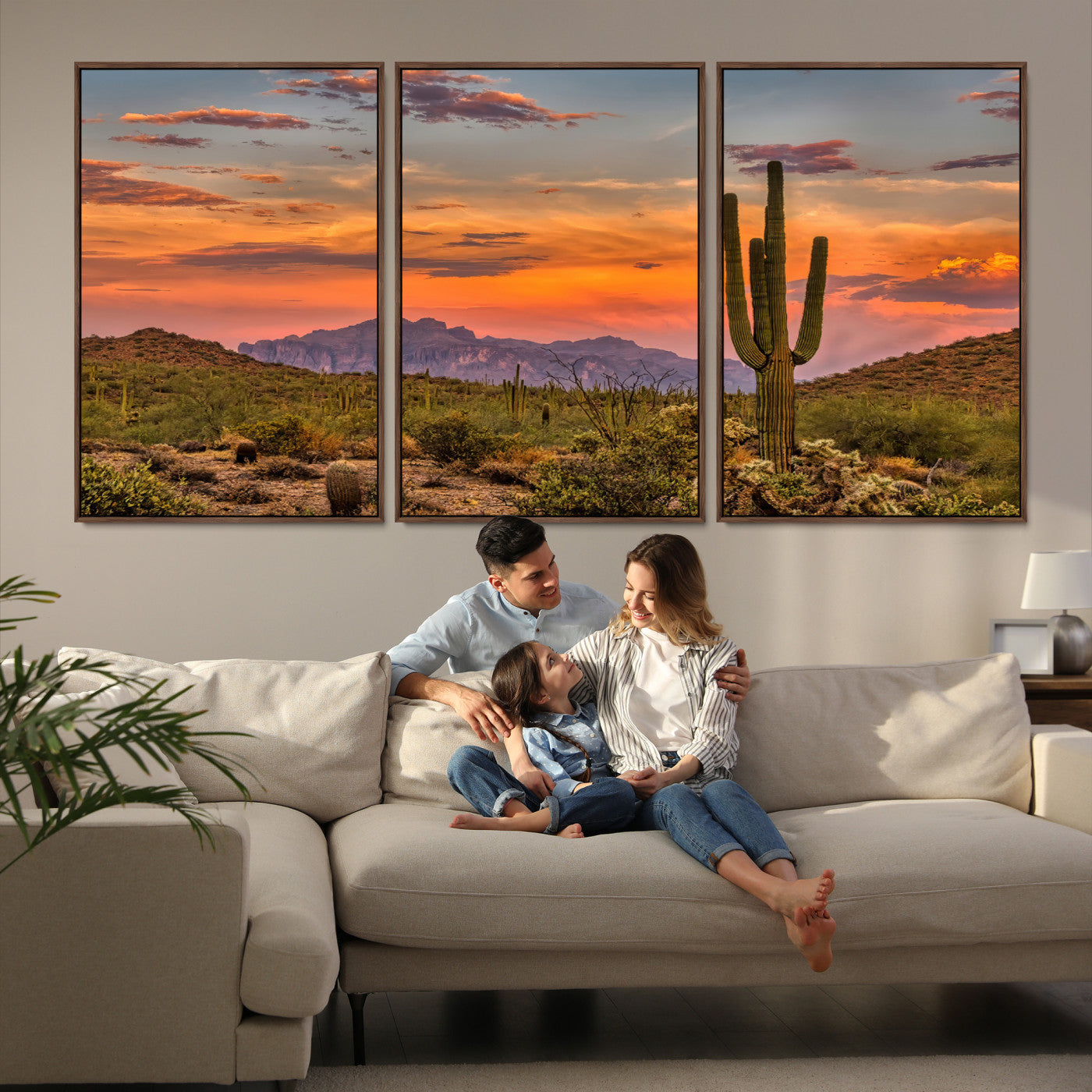 25332783-MGV-FC-60X30-3P_Walnut-Saguaro Cactus Wall Art Canvas Print, Arizona Sunset Print, Framed Sonoran Desert Art Print, Large Vibrant Landscape Printing