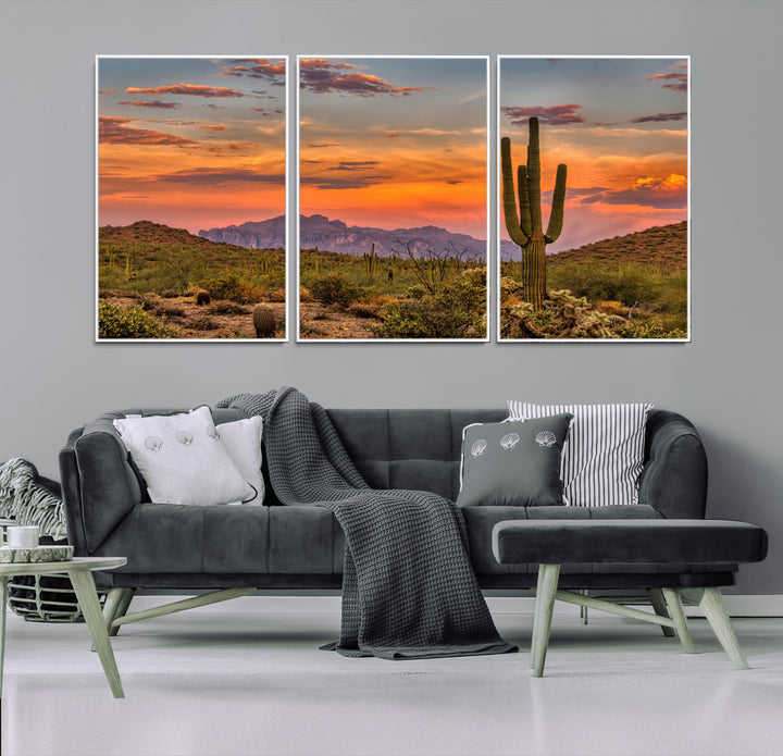 25332783-MGV-FC-60X30-3P_White-Saguaro Cactus Wall Art Canvas Print, Arizona Sunset Print, Framed Sonoran Desert Art Print, Large Vibrant Landscape Printing