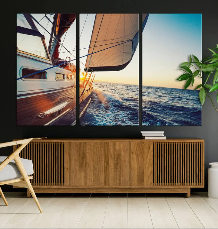 The "Sailboat at Sunset on Open Sea - Nautical Triptych Wall Art for Your Home, Ready to Hang" provides a serene atmosphere for ocean enthusiasts.