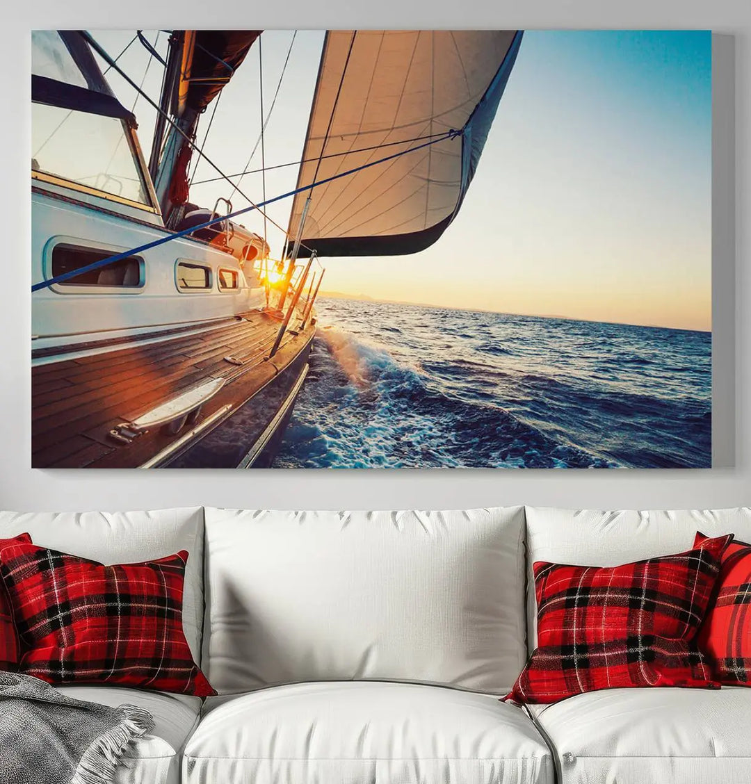 The "Sailboat at Sunset on Open Sea - Nautical Triptych Wall Art for Your Home, Ready to Hang" provides a serene atmosphere for ocean enthusiasts.