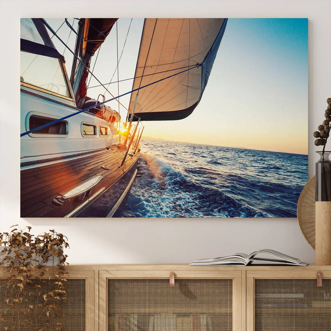 The "Sailboat at Sunset on Open Sea - Nautical Triptych Wall Art for Your Home, Ready to Hang" provides a serene atmosphere for ocean enthusiasts.