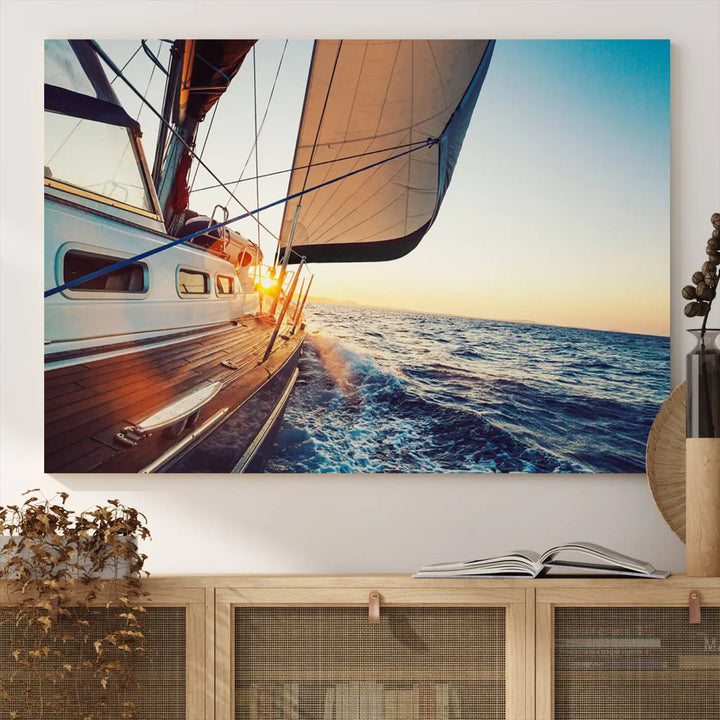 The "Sailboat at Sunset on Open Sea - Nautical Triptych Wall Art for Your Home, Ready to Hang" provides a serene atmosphere for ocean enthusiasts.