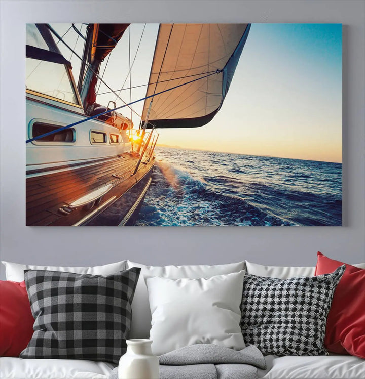 The "Sailboat at Sunset on Open Sea - Nautical Triptych Wall Art for Your Home, Ready to Hang" provides a serene atmosphere for ocean enthusiasts.