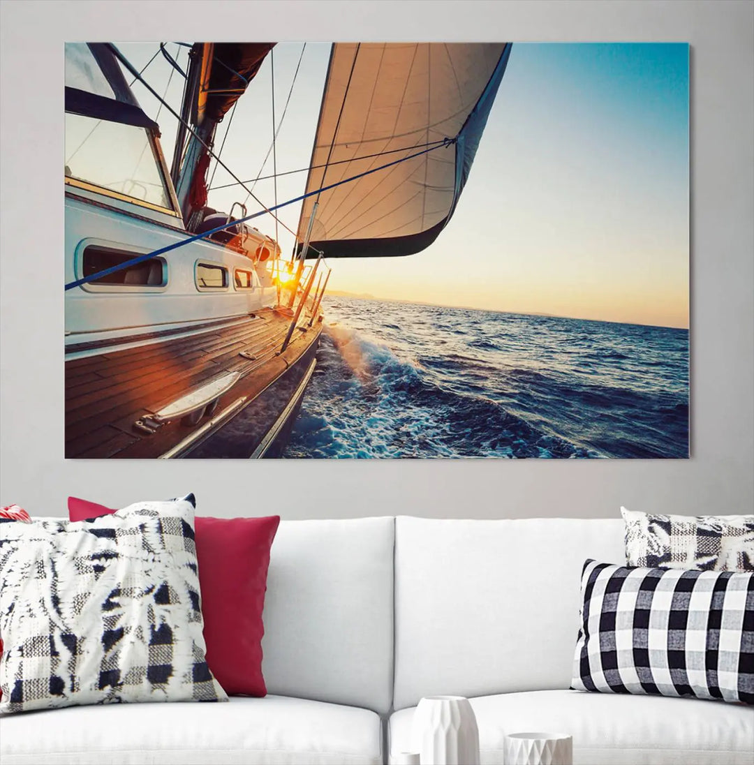 The "Sailboat at Sunset on Open Sea - Nautical Triptych Wall Art for Your Home, Ready to Hang" provides a serene atmosphere for ocean enthusiasts.