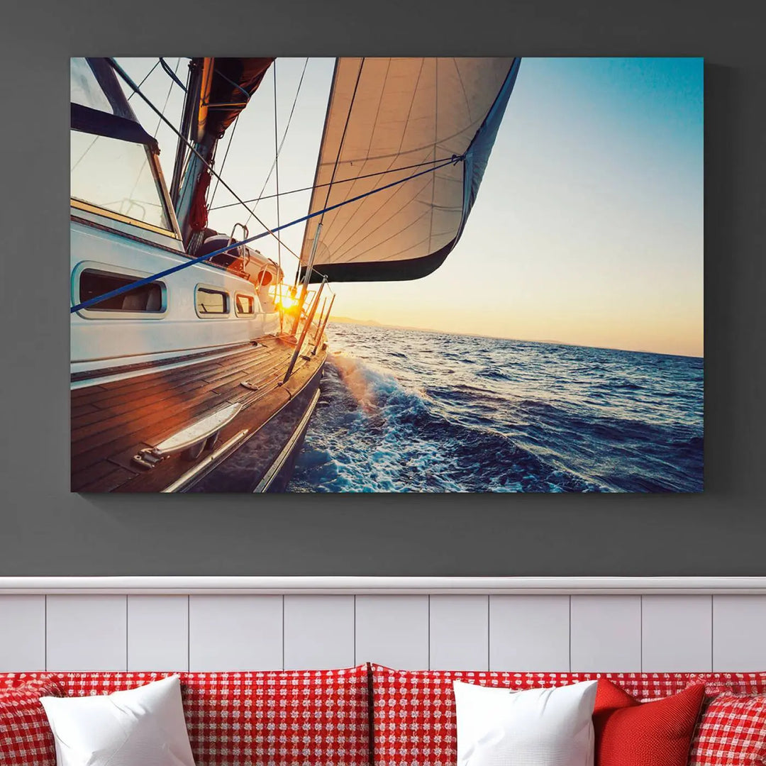 The "Sailboat at Sunset on Open Sea - Nautical Triptych Wall Art for Your Home, Ready to Hang" provides a serene atmosphere for ocean enthusiasts.