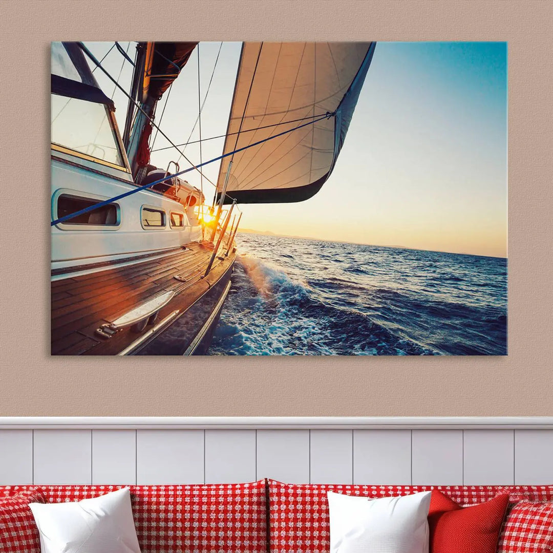 The "Sailboat at Sunset on Open Sea - Nautical Triptych Wall Art for Your Home, Ready to Hang" provides a serene atmosphere for ocean enthusiasts.