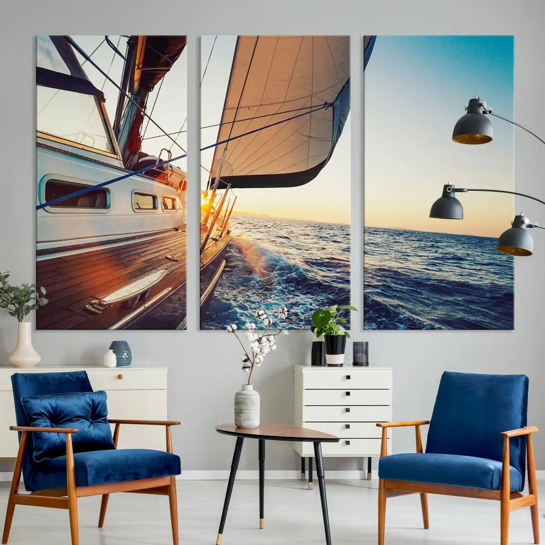 The "Sailboat at Sunset on Open Sea - Nautical Triptych Wall Art for Your Home, Ready to Hang" provides a serene atmosphere for ocean enthusiasts.