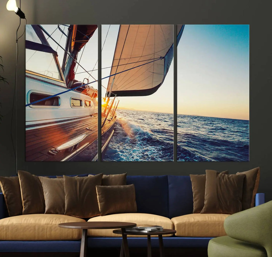 The "Sailboat at Sunset on Open Sea - Nautical Triptych Wall Art for Your Home, Ready to Hang" provides a serene atmosphere for ocean enthusiasts.