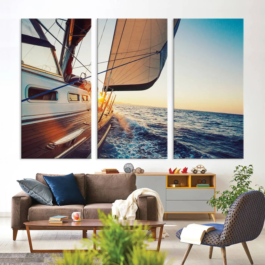 The "Sailboat at Sunset on Open Sea - Nautical Triptych Wall Art for Your Home, Ready to Hang" provides a serene atmosphere for ocean enthusiasts.