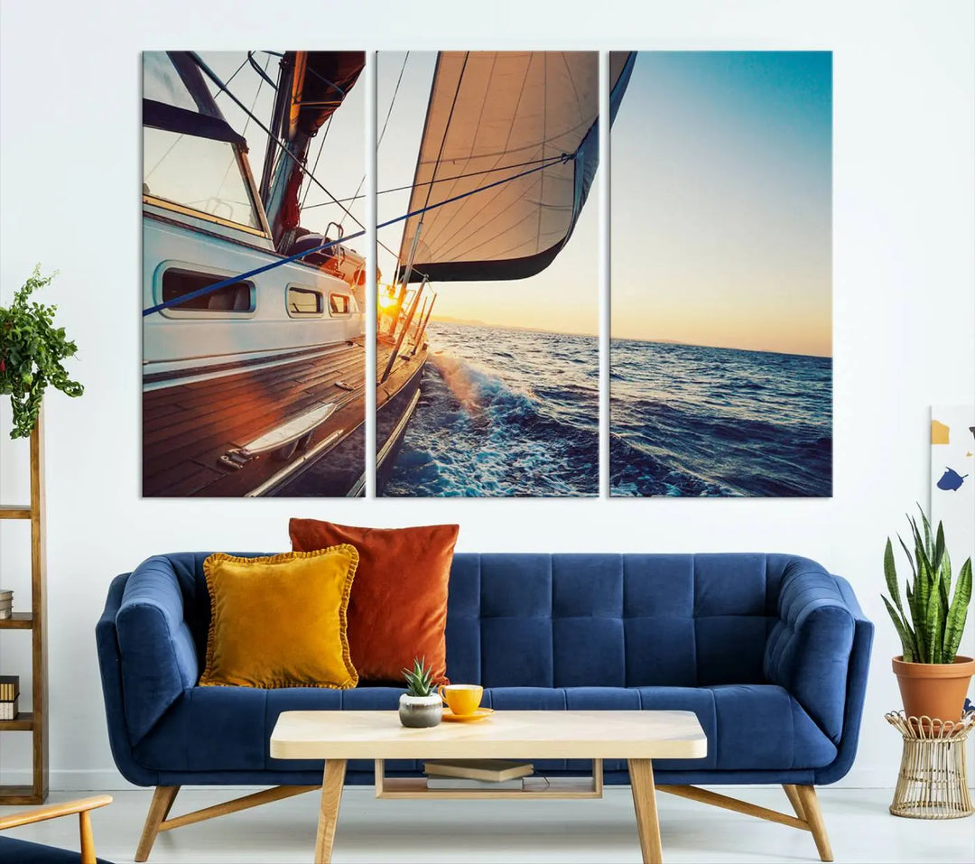 The "Sailboat at Sunset on Open Sea - Nautical Triptych Wall Art for Your Home, Ready to Hang" provides a serene atmosphere for ocean enthusiasts.