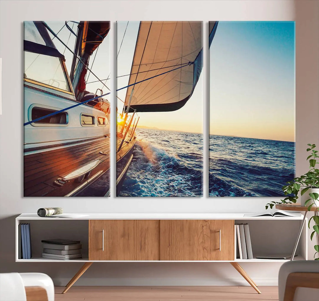 The "Sailboat at Sunset on Open Sea - Nautical Triptych Wall Art for Your Home, Ready to Hang" provides a serene atmosphere for ocean enthusiasts.