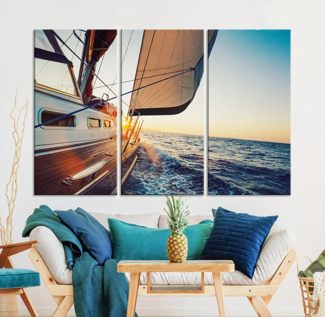 The "Sailboat at Sunset on Open Sea - Nautical Triptych Wall Art for Your Home, Ready to Hang" provides a serene atmosphere for ocean enthusiasts.