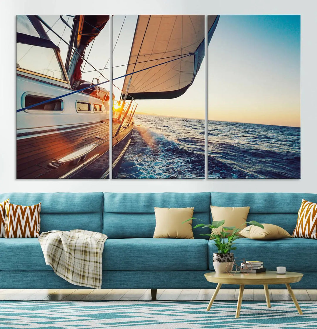 The "Sailboat at Sunset on Open Sea - Nautical Triptych Wall Art for Your Home, Ready to Hang" provides a serene atmosphere for ocean enthusiasts.