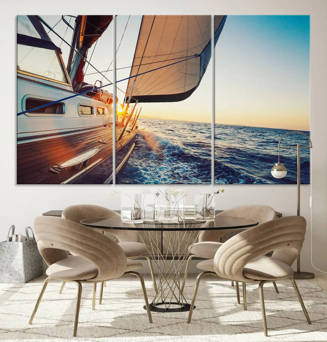 The "Sailboat at Sunset on Open Sea - Nautical Triptych Wall Art for Your Home, Ready to Hang" provides a serene atmosphere for ocean enthusiasts.