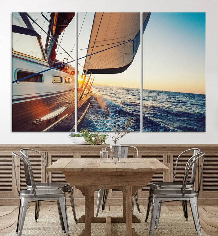 The "Sailboat at Sunset on Open Sea - Nautical Triptych Wall Art for Your Home, Ready to Hang" provides a serene atmosphere for ocean enthusiasts.