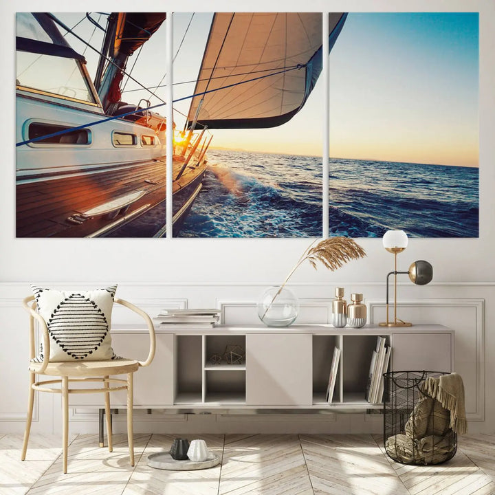 The "Sailboat at Sunset on Open Sea - Nautical Triptych Wall Art for Your Home, Ready to Hang" provides a serene atmosphere for ocean enthusiasts.