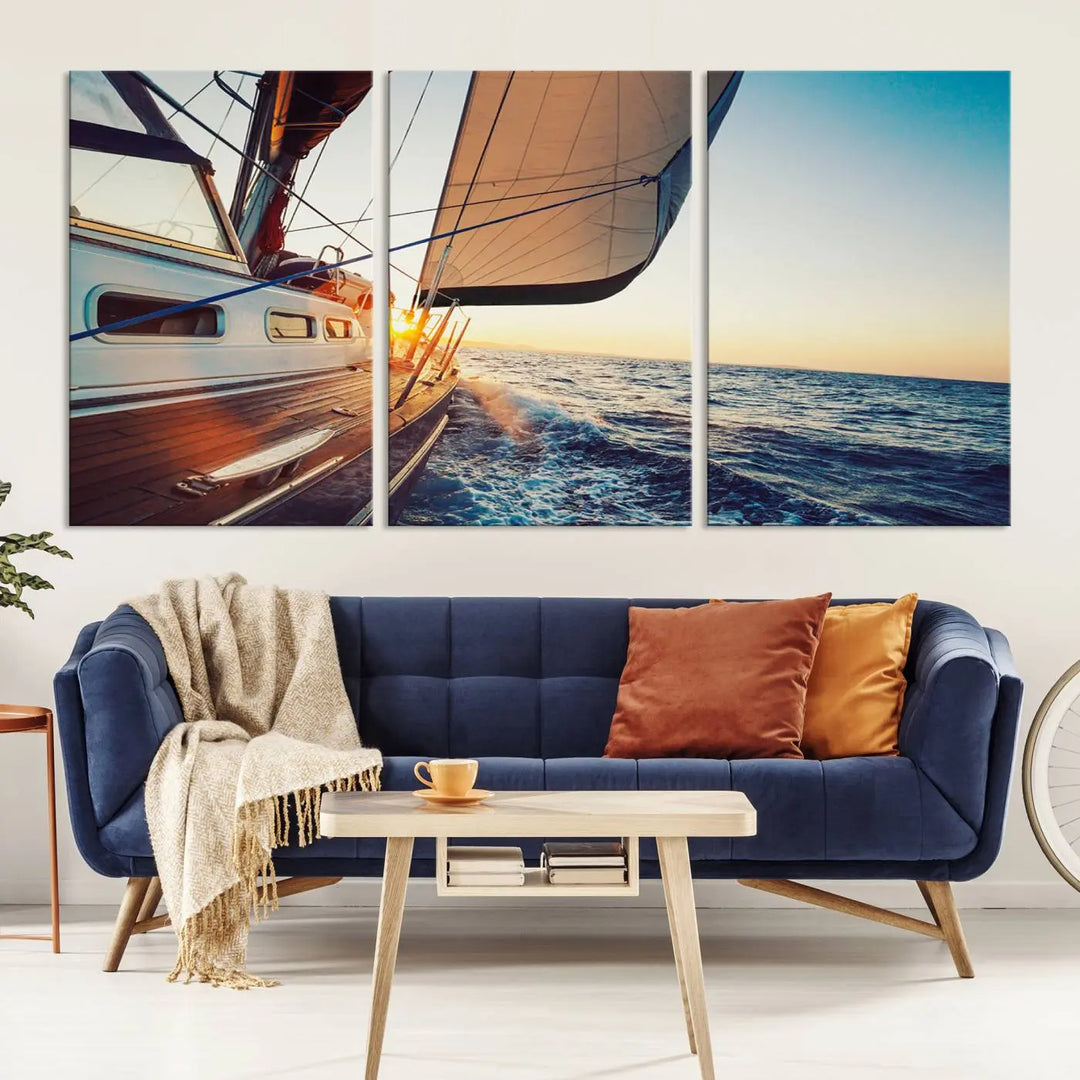 The "Sailboat at Sunset on Open Sea - Nautical Triptych Wall Art for Your Home, Ready to Hang" provides a serene atmosphere for ocean enthusiasts.