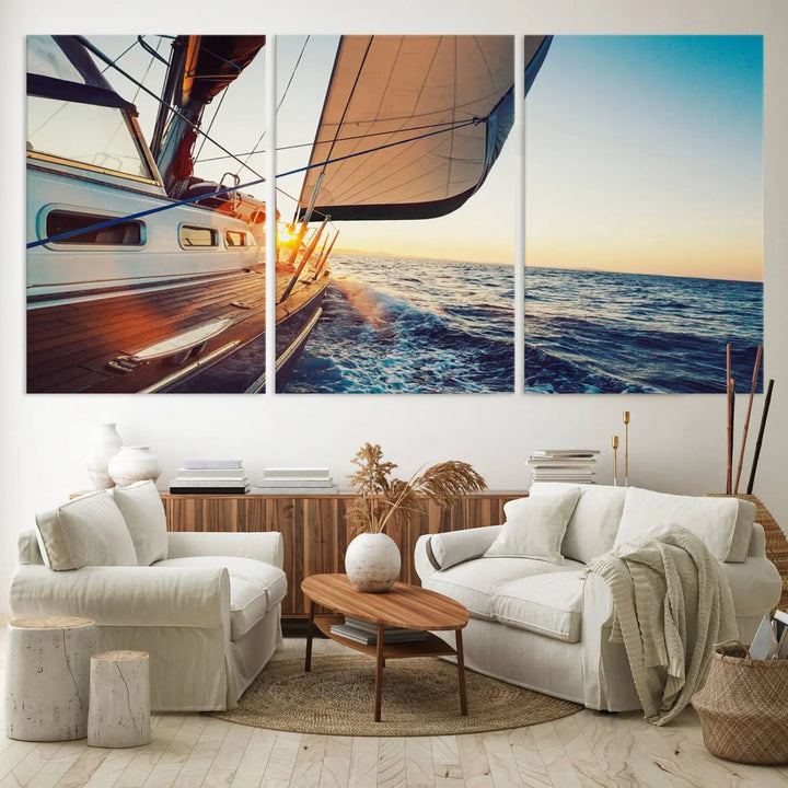 The "Sailboat at Sunset on Open Sea - Nautical Triptych Wall Art for Your Home, Ready to Hang" provides a serene atmosphere for ocean enthusiasts.