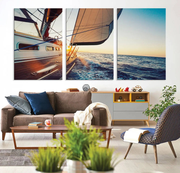 The "Sailboat at Sunset on Open Sea - Nautical Triptych Wall Art for Your Home, Ready to Hang" provides a serene atmosphere for ocean enthusiasts.