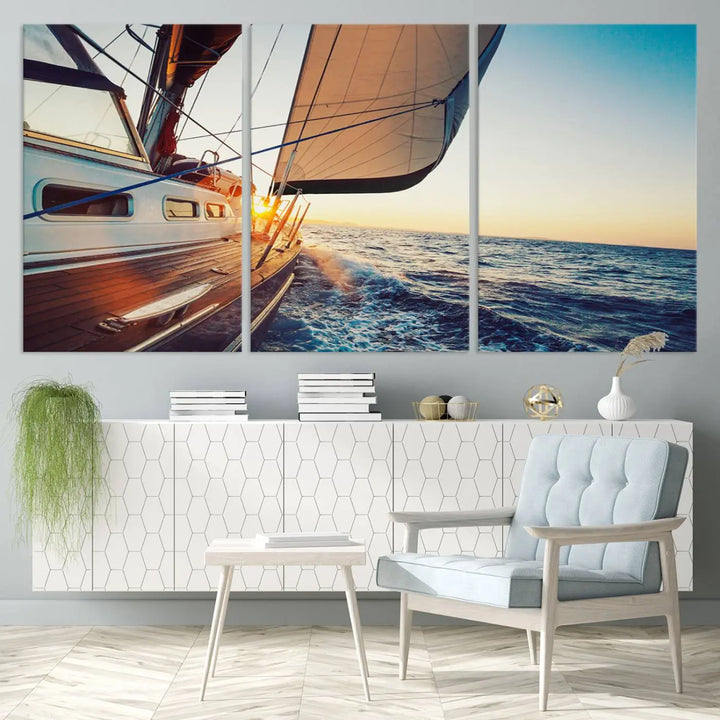 The "Sailboat at Sunset on Open Sea - Nautical Triptych Wall Art for Your Home, Ready to Hang" provides a serene atmosphere for ocean enthusiasts.