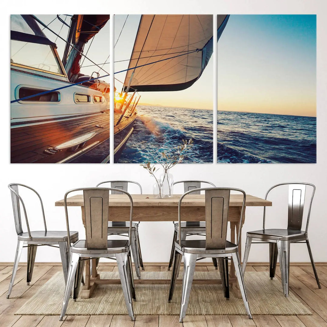 The "Sailboat at Sunset on Open Sea - Nautical Triptych Wall Art for Your Home, Ready to Hang" provides a serene atmosphere for ocean enthusiasts.