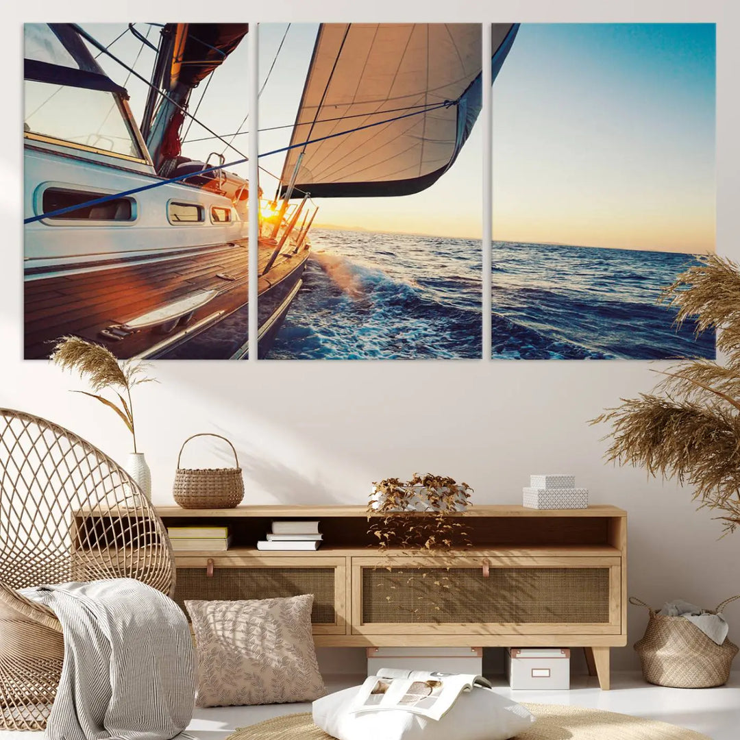 The "Sailboat at Sunset on Open Sea - Nautical Triptych Wall Art for Your Home, Ready to Hang" provides a serene atmosphere for ocean enthusiasts.