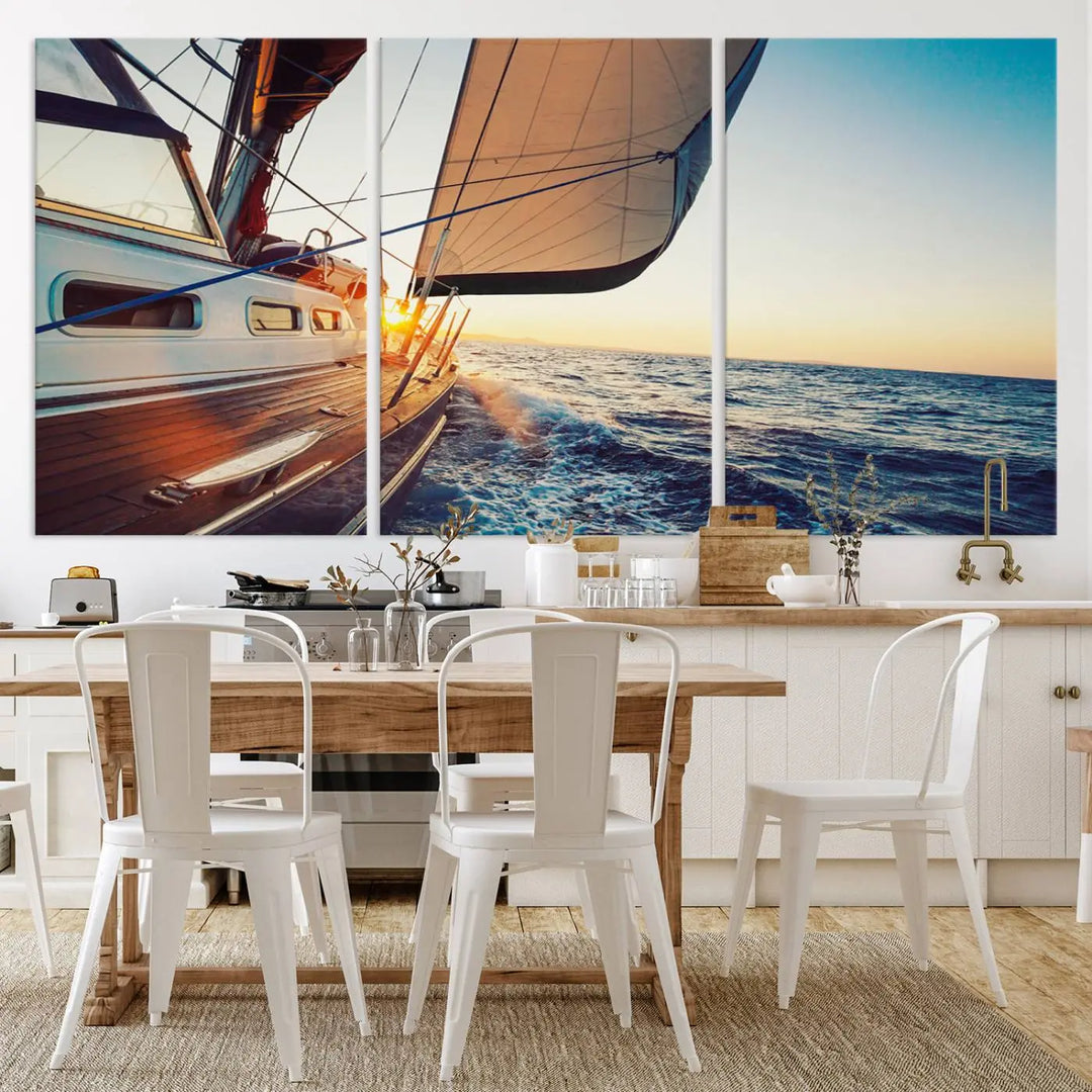 The "Sailboat at Sunset on Open Sea - Nautical Triptych Wall Art for Your Home, Ready to Hang" provides a serene atmosphere for ocean enthusiasts.