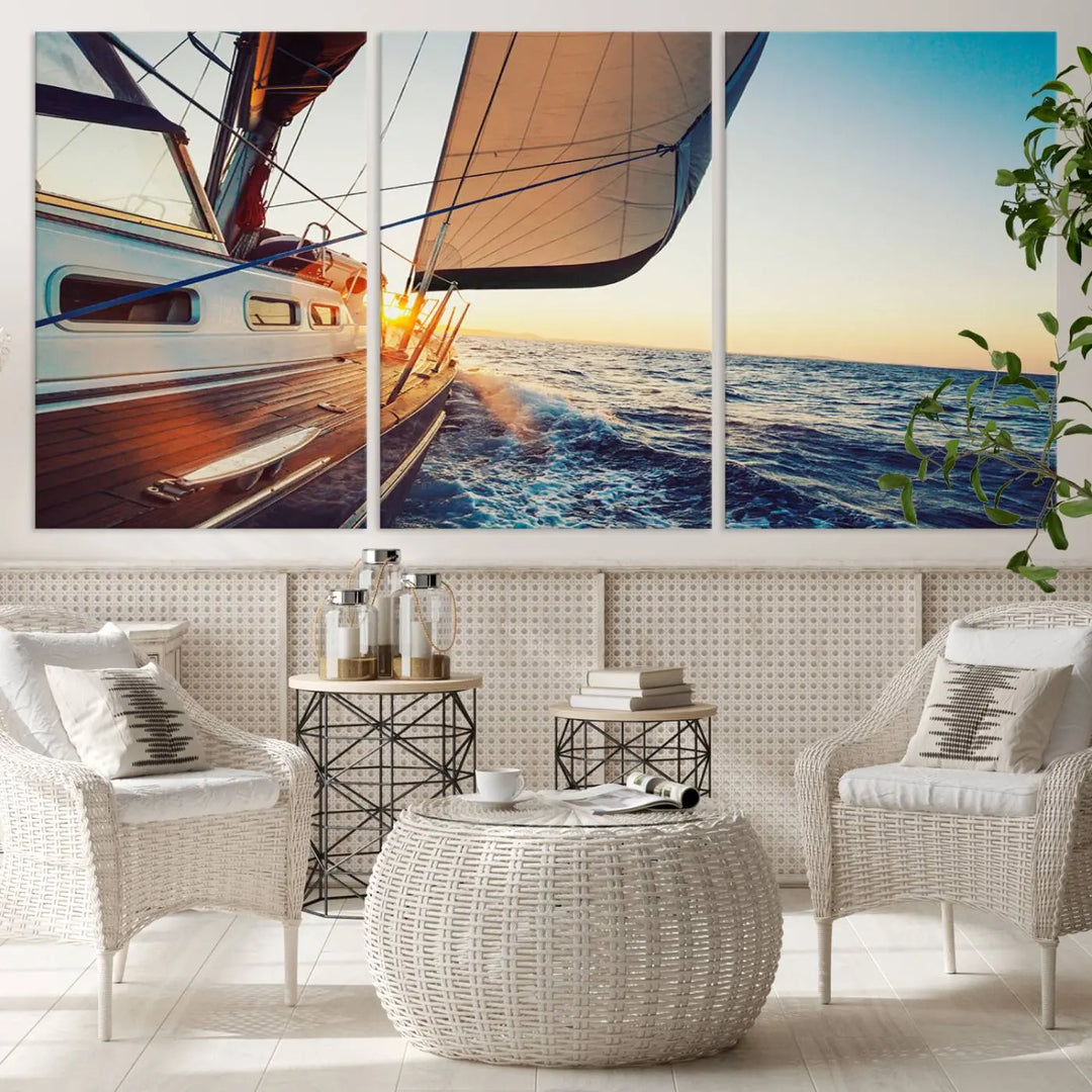 The "Sailboat at Sunset on Open Sea - Nautical Triptych Wall Art for Your Home, Ready to Hang" provides a serene atmosphere for ocean enthusiasts.