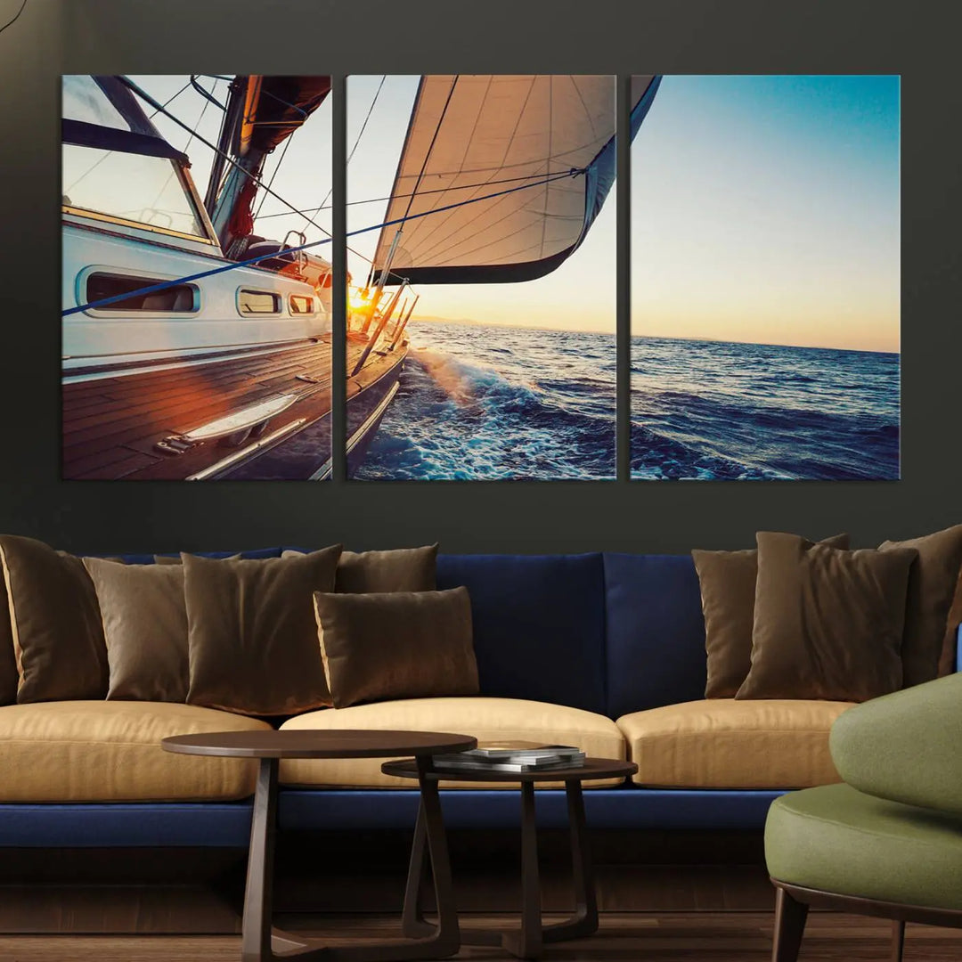 The "Sailboat at Sunset on Open Sea - Nautical Triptych Wall Art for Your Home, Ready to Hang" provides a serene atmosphere for ocean enthusiasts.