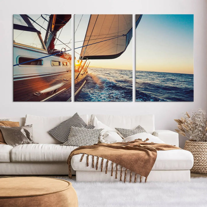 The "Sailboat at Sunset on Open Sea - Nautical Triptych Wall Art for Your Home, Ready to Hang" provides a serene atmosphere for ocean enthusiasts.