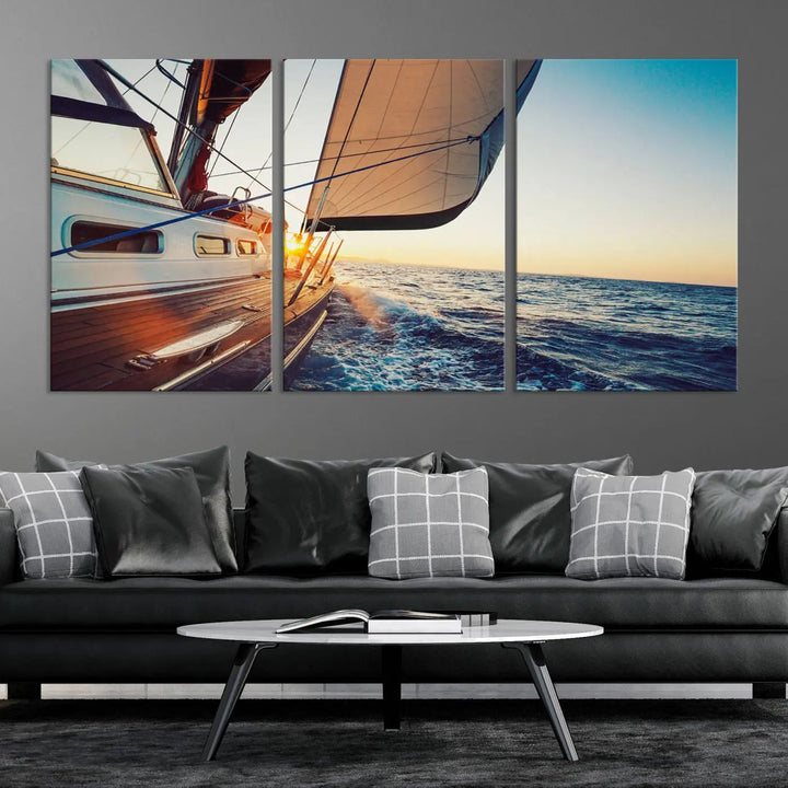 The "Sailboat at Sunset on Open Sea - Nautical Triptych Wall Art for Your Home, Ready to Hang" provides a serene atmosphere for ocean enthusiasts.