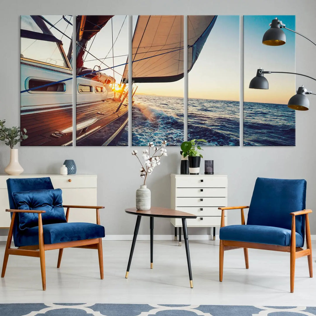 The "Sailboat at Sunset on Open Sea - Nautical Triptych Wall Art for Your Home, Ready to Hang" provides a serene atmosphere for ocean enthusiasts.