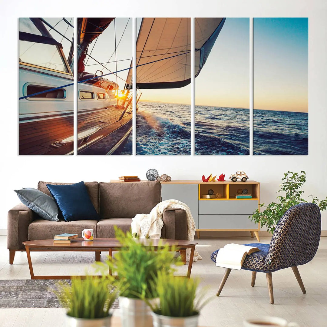 The "Sailboat at Sunset on Open Sea - Nautical Triptych Wall Art for Your Home, Ready to Hang" provides a serene atmosphere for ocean enthusiasts.