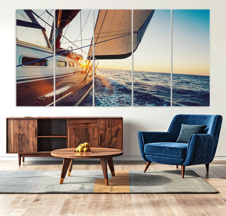 The "Sailboat at Sunset on Open Sea - Nautical Triptych Wall Art for Your Home, Ready to Hang" provides a serene atmosphere for ocean enthusiasts.