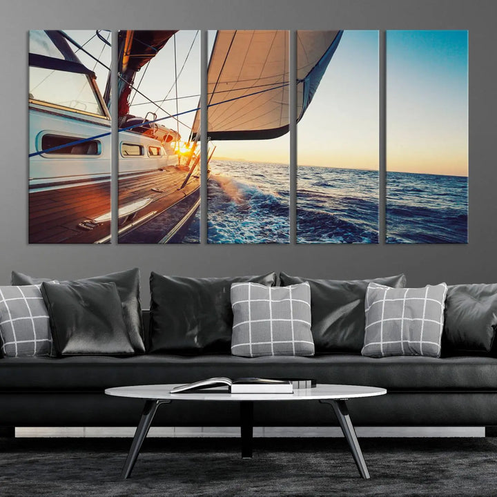 The "Sailboat at Sunset on Open Sea - Nautical Triptych Wall Art for Your Home, Ready to Hang" provides a serene atmosphere for ocean enthusiasts.