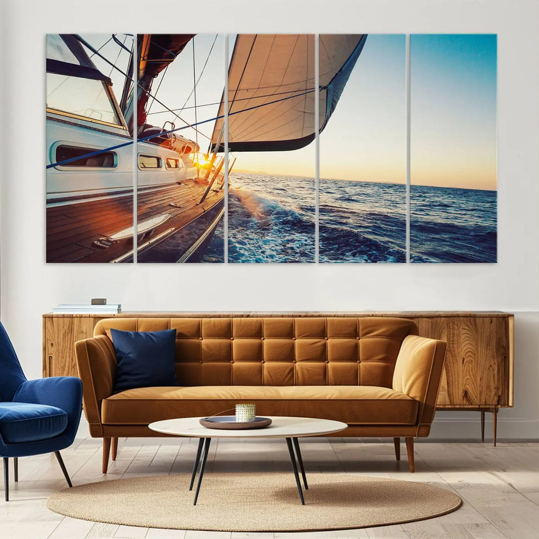 The "Sailboat at Sunset on Open Sea - Nautical Triptych Wall Art for Your Home, Ready to Hang" provides a serene atmosphere for ocean enthusiasts.