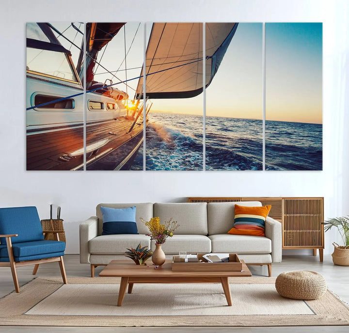 The "Sailboat at Sunset on Open Sea - Nautical Triptych Wall Art for Your Home, Ready to Hang" provides a serene atmosphere for ocean enthusiasts.