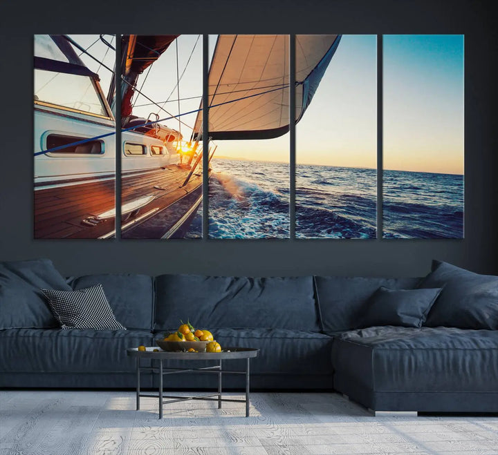 The "Sailboat at Sunset on Open Sea - Nautical Triptych Wall Art for Your Home, Ready to Hang" provides a serene atmosphere for ocean enthusiasts.