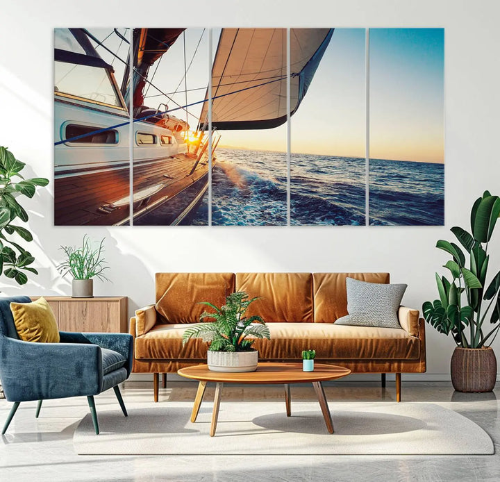 The "Sailboat at Sunset on Open Sea - Nautical Triptych Wall Art for Your Home, Ready to Hang" provides a serene atmosphere for ocean enthusiasts.