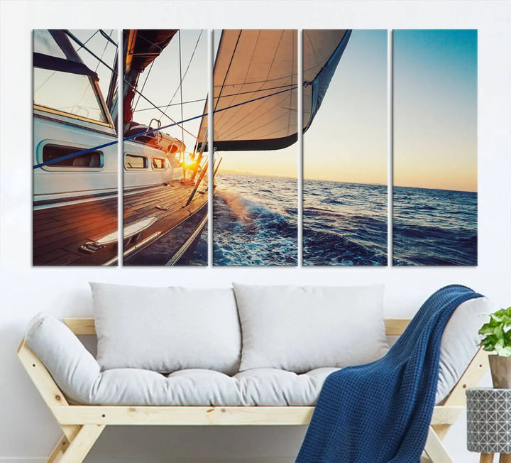 The "Sailboat at Sunset on Open Sea - Nautical Triptych Wall Art for Your Home, Ready to Hang" provides a serene atmosphere for ocean enthusiasts.