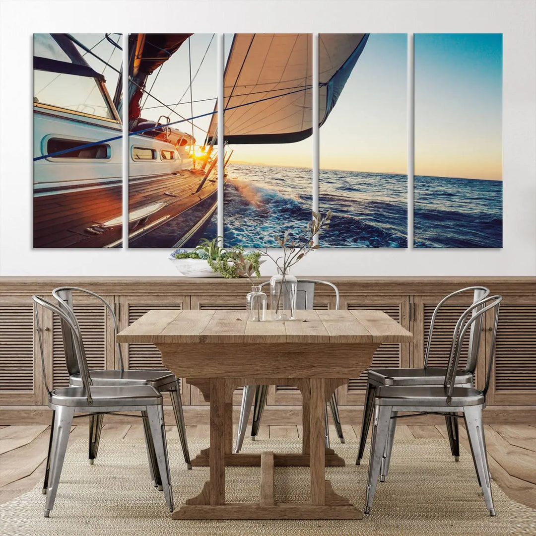 The "Sailboat at Sunset on Open Sea - Nautical Triptych Wall Art for Your Home, Ready to Hang" provides a serene atmosphere for ocean enthusiasts.