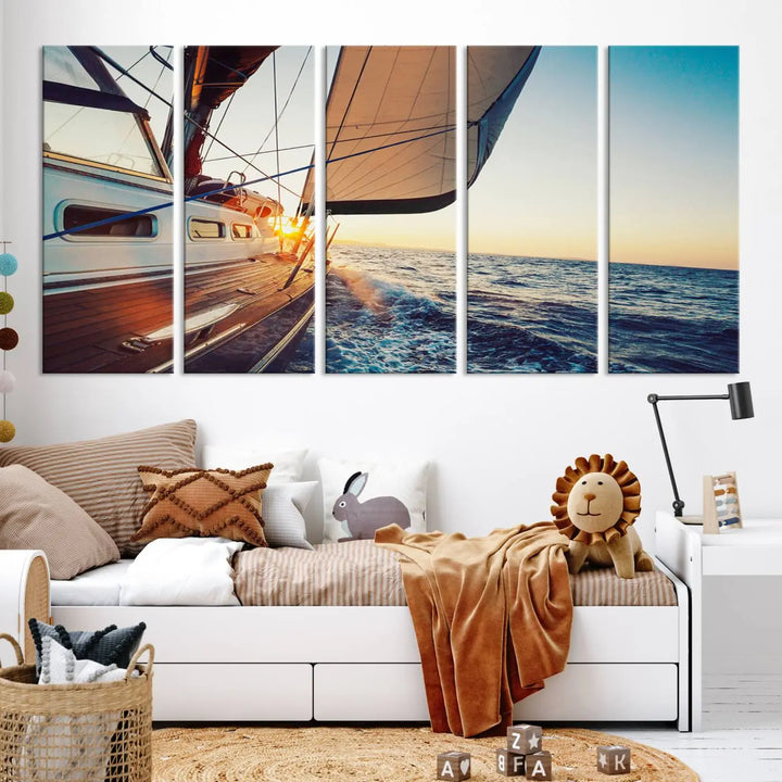 The "Sailboat at Sunset on Open Sea - Nautical Triptych Wall Art for Your Home, Ready to Hang" provides a serene atmosphere for ocean enthusiasts.