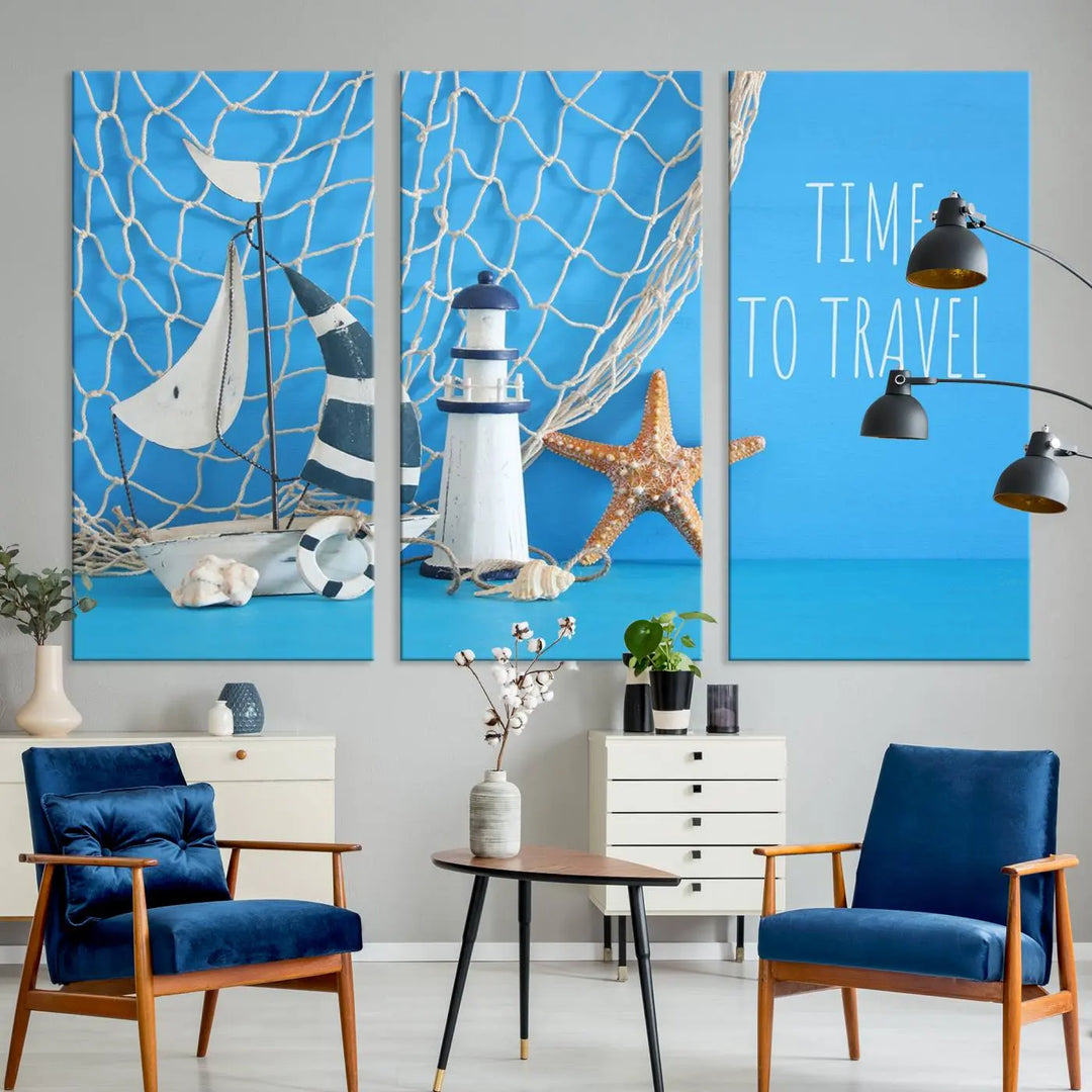 The "Sailing Boat Starfish and Lighthouse Wall Art Canvas Print" is a coastal-themed triptych that showcases nautical elements, including starfish against a blue background. Expertly printed on museum-quality canvas, this gallery-wrapped piece features the caption "Time to Travel" and comes with a UV-protective coating to ensure lasting vibrancy on your wall.