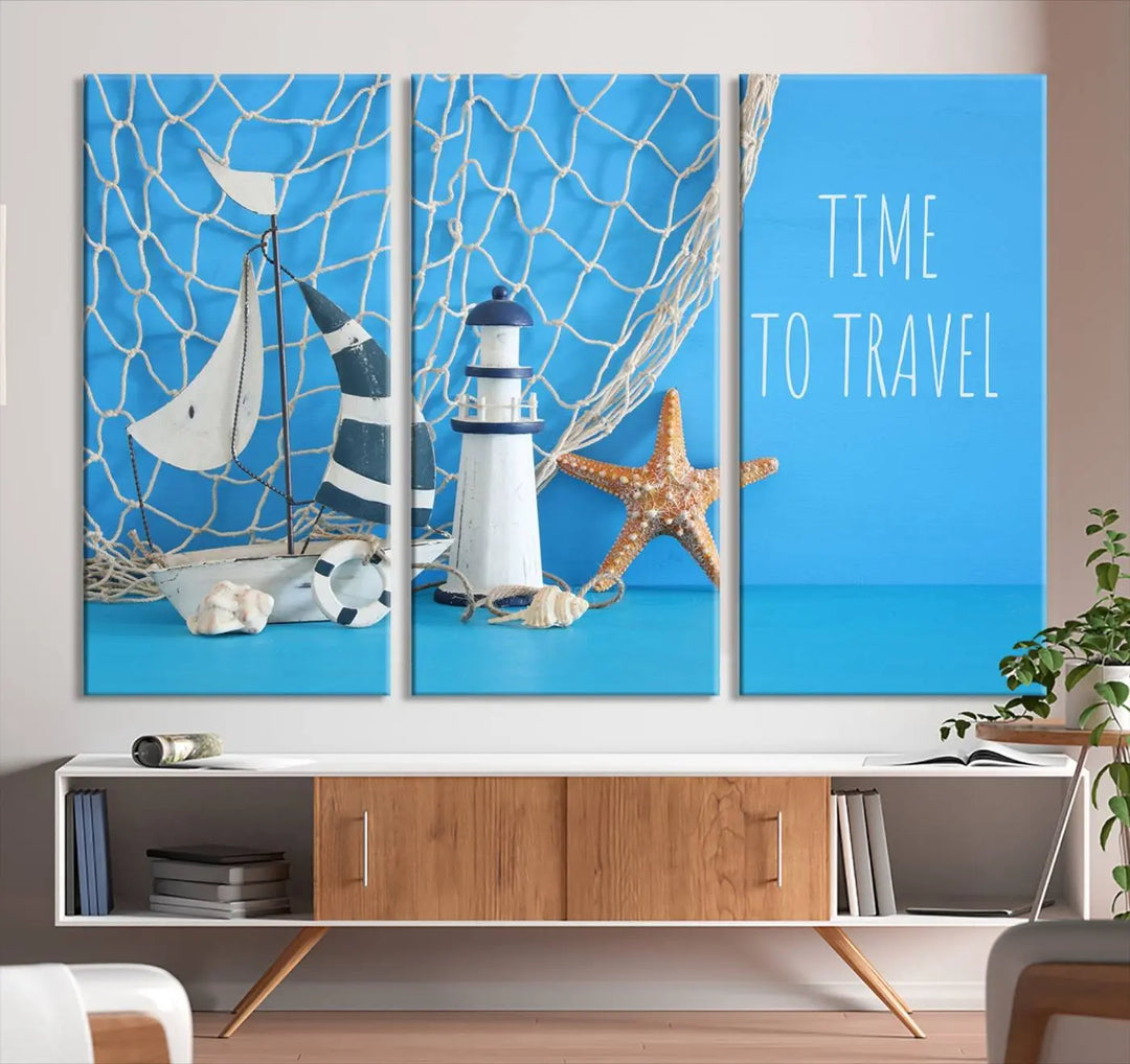 The "Sailing Boat Starfish and Lighthouse Wall Art Canvas Print" is a coastal-themed triptych that showcases nautical elements, including starfish against a blue background. Expertly printed on museum-quality canvas, this gallery-wrapped piece features the caption "Time to Travel" and comes with a UV-protective coating to ensure lasting vibrancy on your wall.